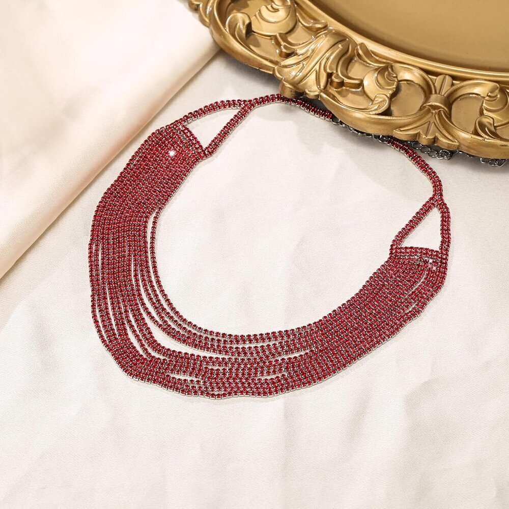 🆕 Women Red Multi Layered Chunky Collar Necklace Glitter Rhinestone Bib Jewelry - Picture 5 of 6